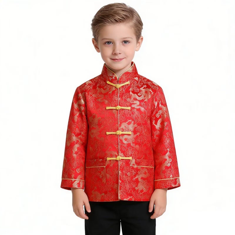 SZCQ Little Boys Dragon Tang Coat Long Sleeve Chinese Clothing Children Costumes Boy Jackets Outfit Tops (Red, 14) - Image 5